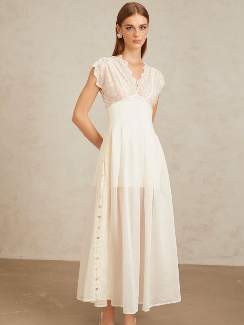 Miss Rosier Ivory Eyelet Lace Maxi Dress, Size M